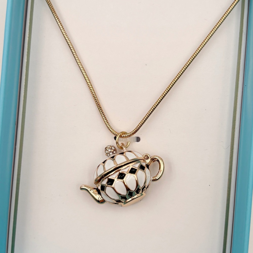 True to Form Teapot Locket Necklace Gold Tone Enamel White Adjustable‎ Whimsical